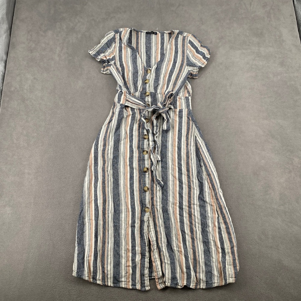Cotton On Striped Button Front Tie Waist Midi Dress Blue Tan XS